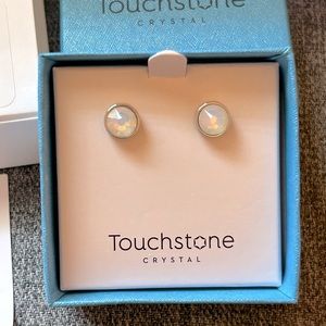 NIB. Touchstone Crystal Swarovski, Glazed White/Rhodium Ice Stud Earrings.